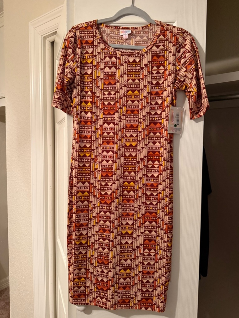 LuLaRoe Julia Dress in Rust, Yellow & Cream Geometric Print
